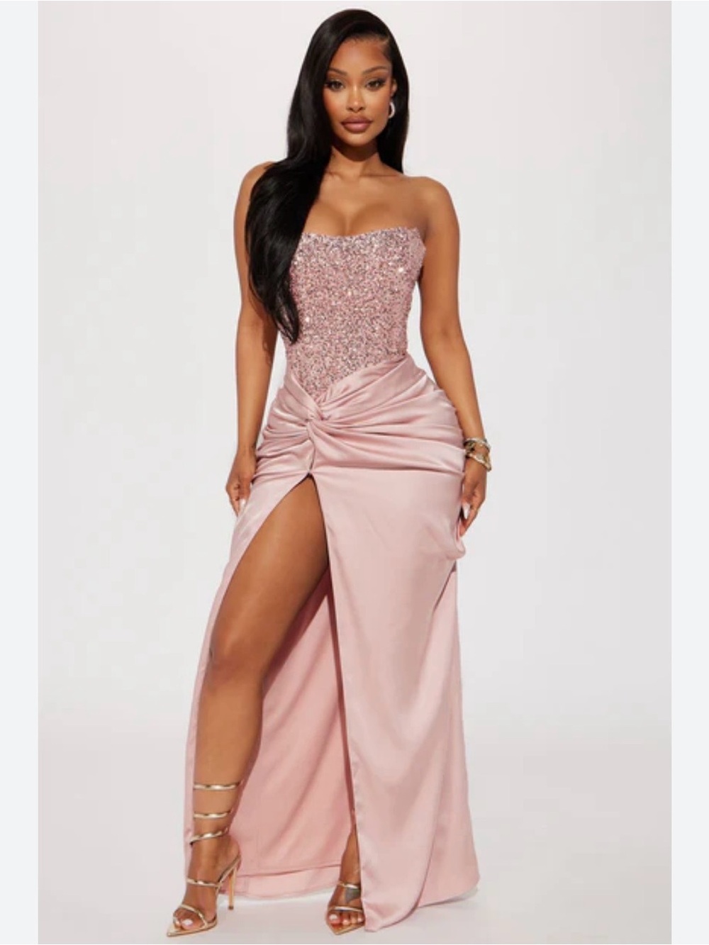 Fashion Nova Blush Pink Strapless Sequin Bodice Gown